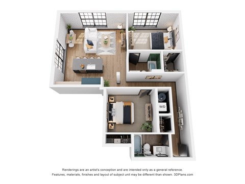 A 3D floor plan of a small apartment with a living room, kitchen, and bedroom.